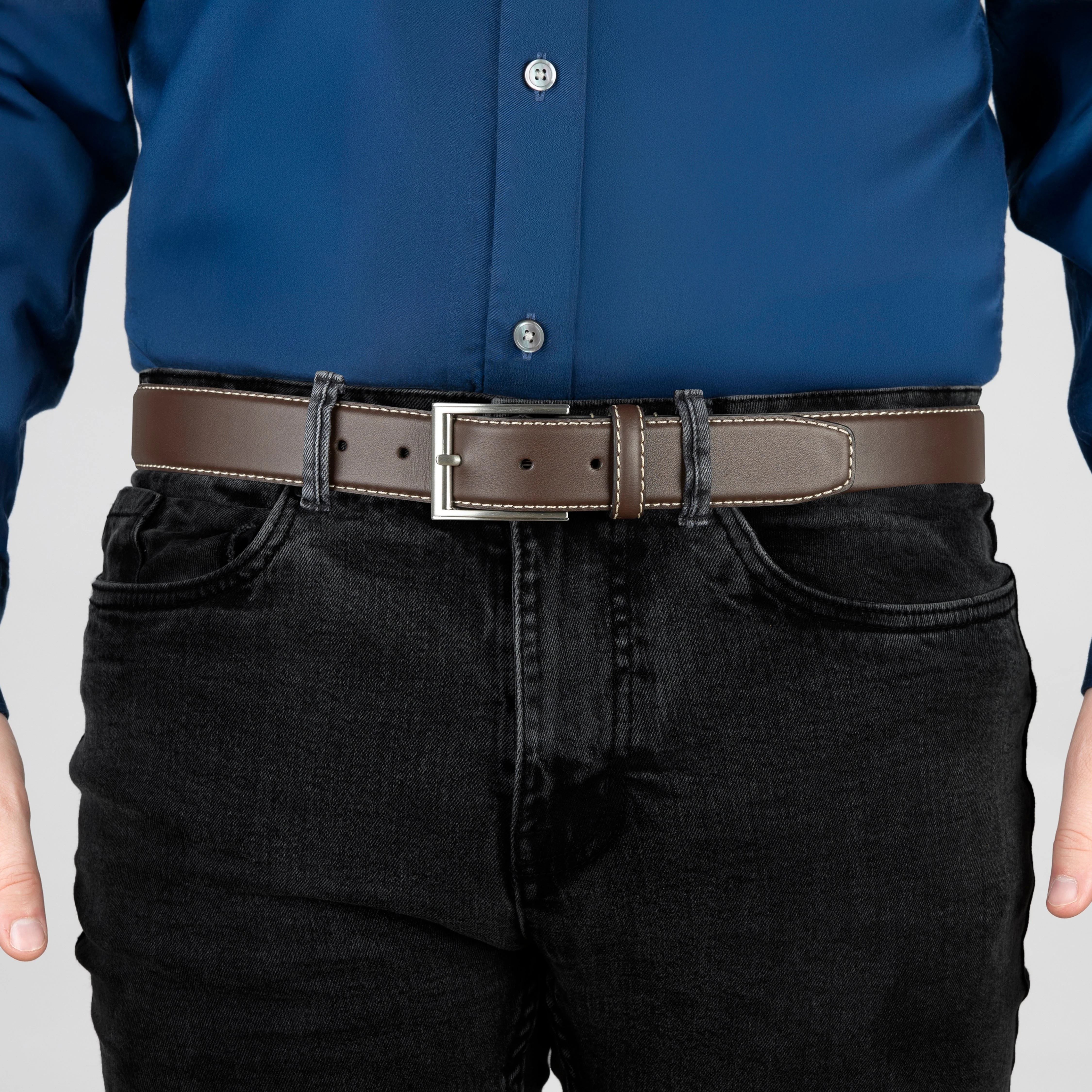 Men's Full-Grain Leather Belt with Satin Nickel Buckle and Contrast Stitching - Image 10