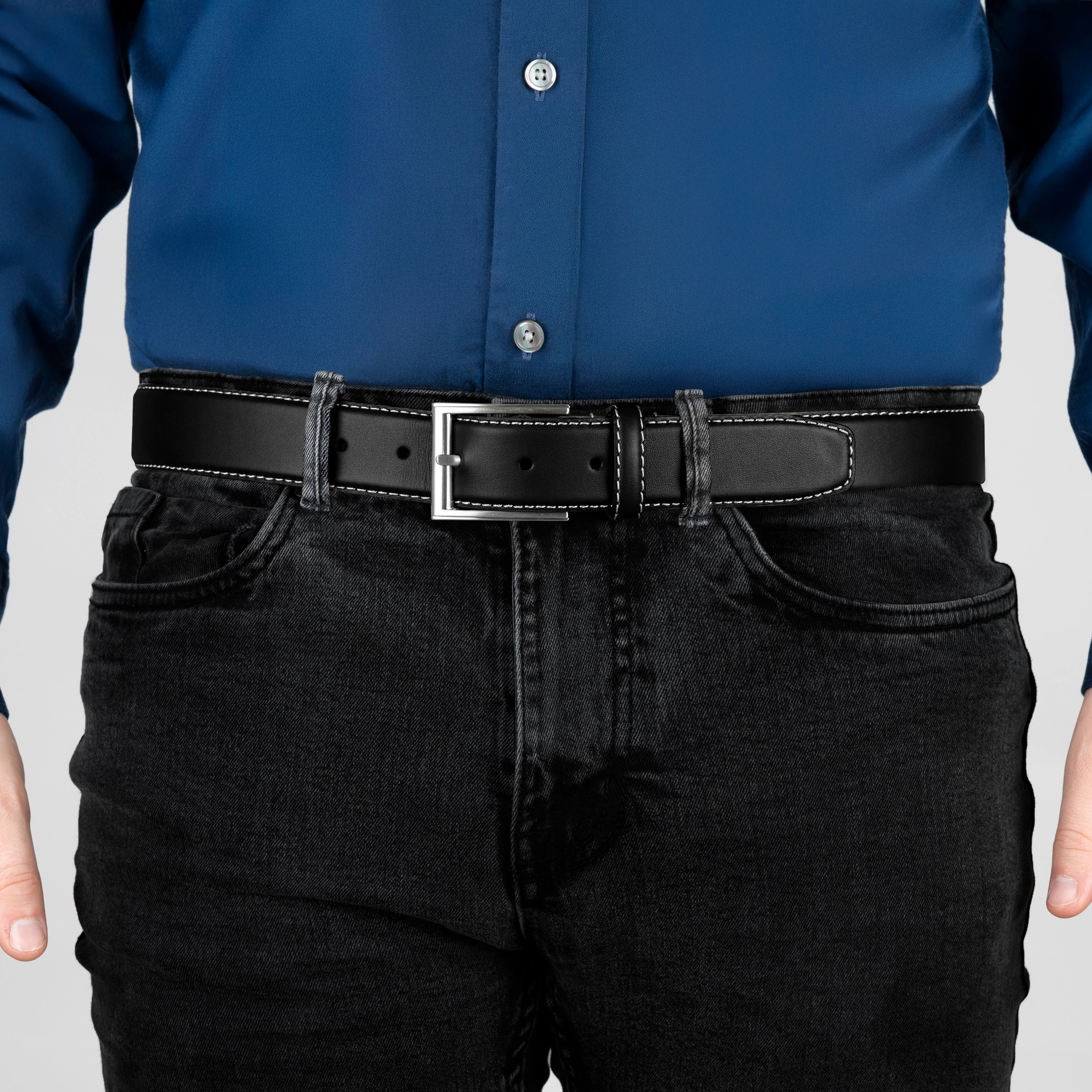 Men's Full-Grain Leather Belt with Satin Nickel Buckle and Contrast Stitching - Image 4