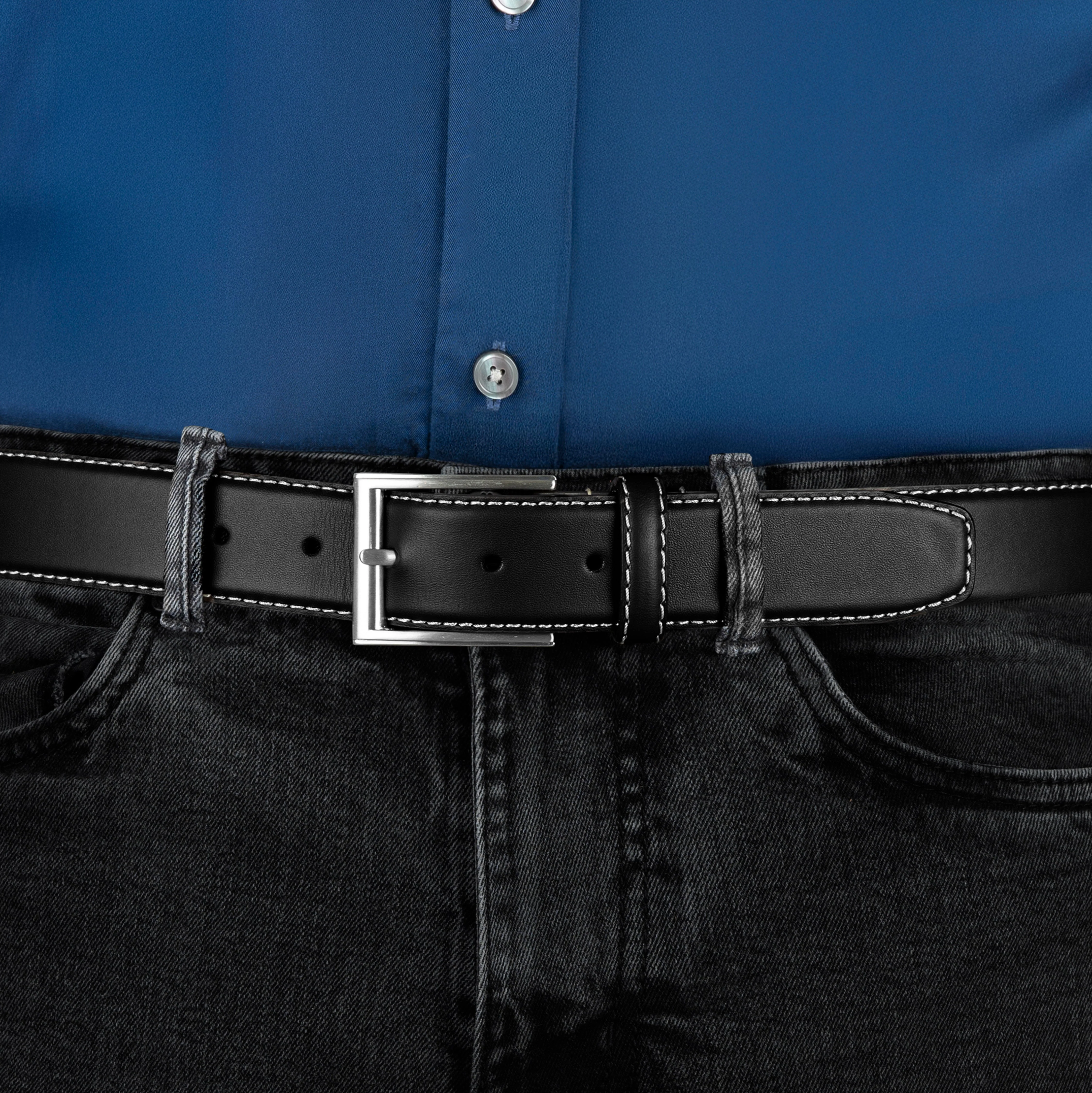 Men's Full-Grain Leather Belt with Satin Nickel Buckle and Contrast Stitching - Image 5