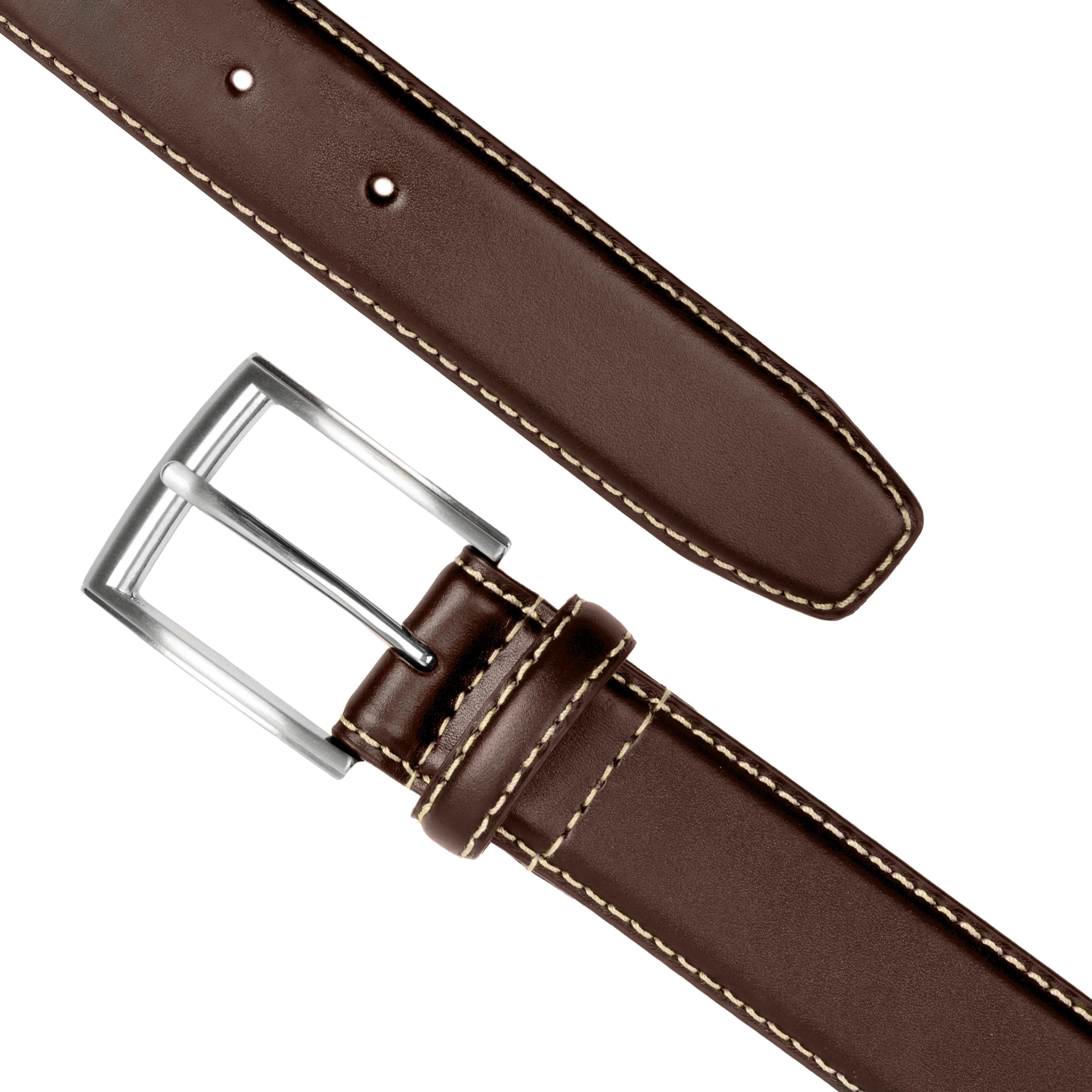 Men's Full-Grain Leather Belt with Satin Nickel Buckle and Contrast Stitching - Image 8