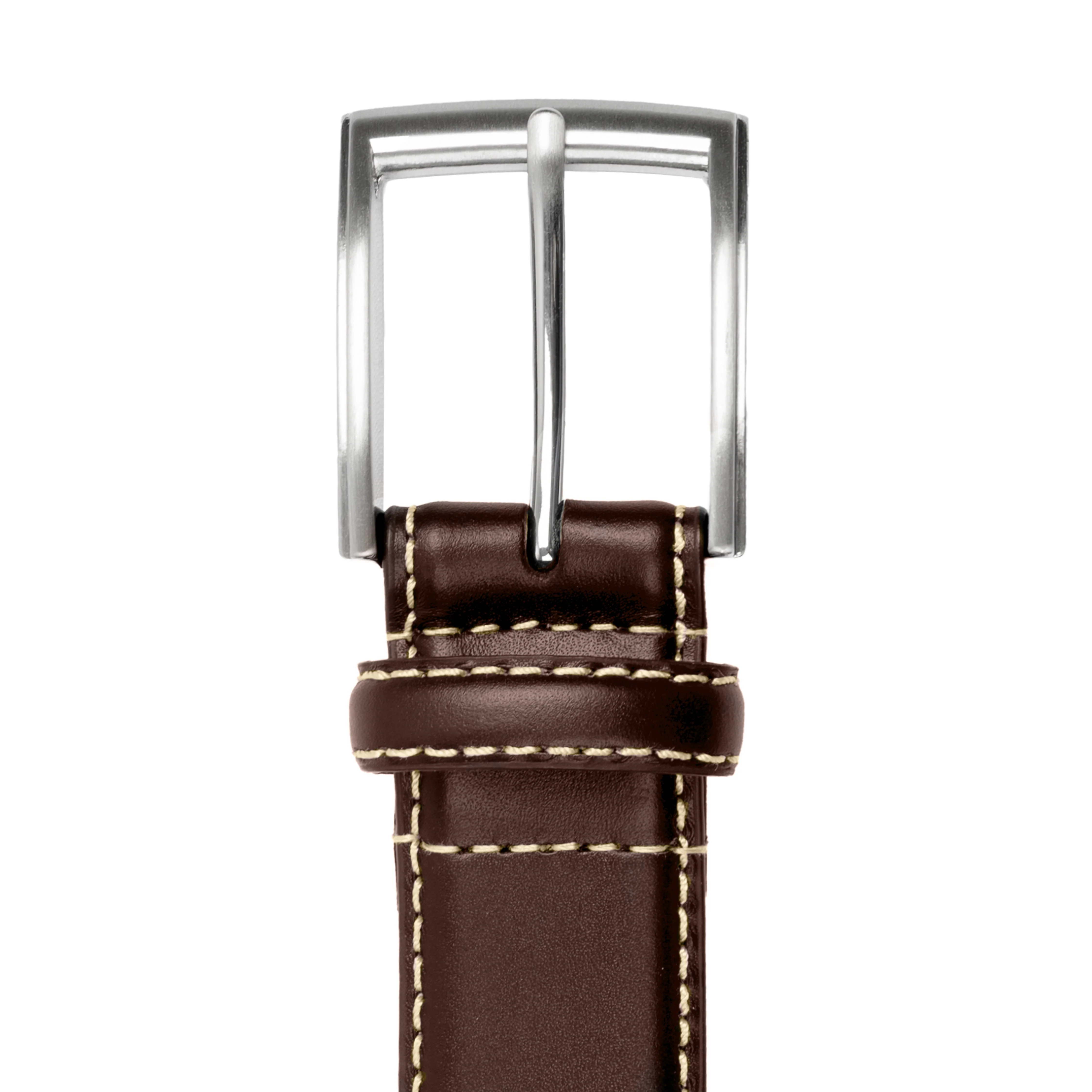 Men's Full-Grain Leather Belt with Satin Nickel Buckle and Contrast Stitching - Image 9