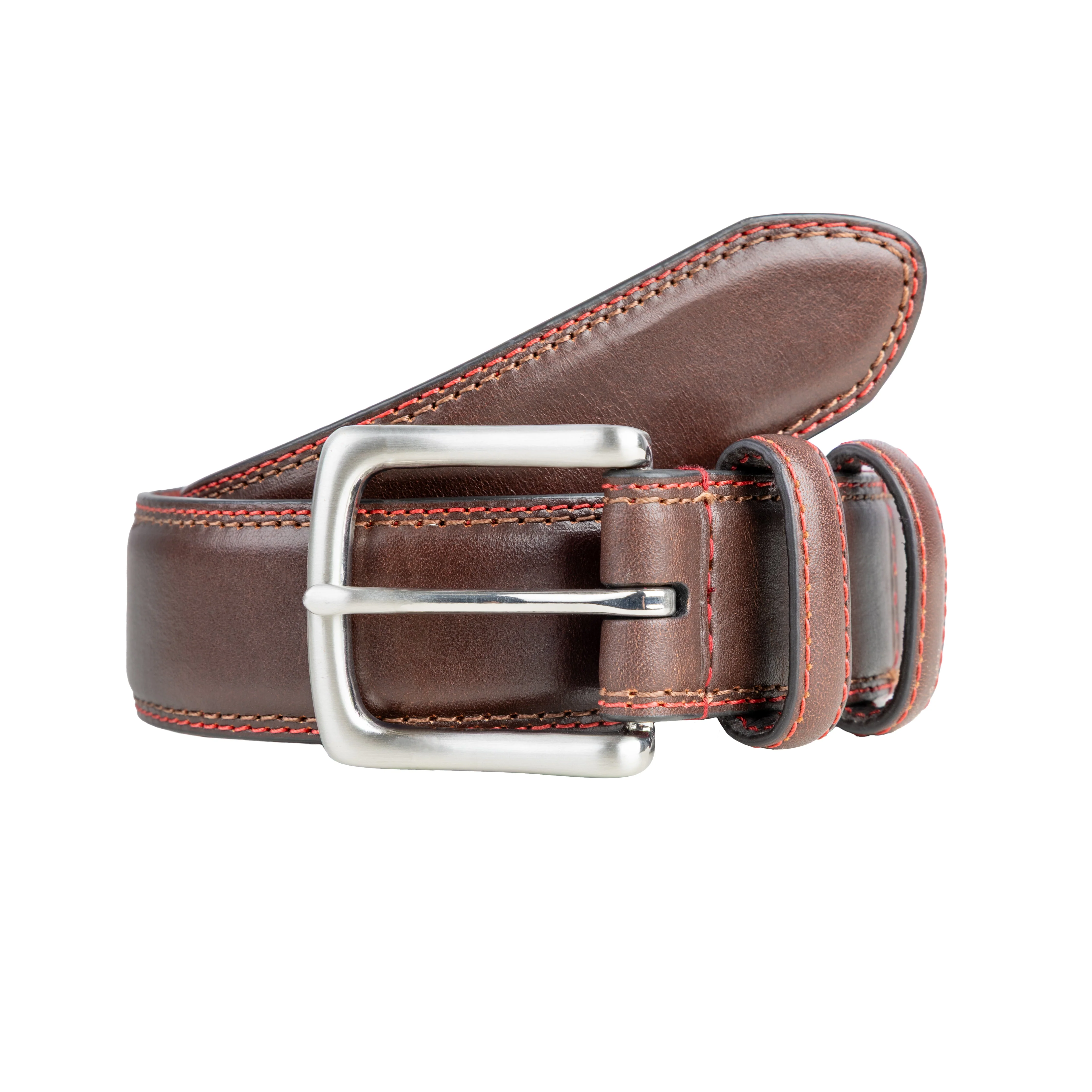 Men's Lined Leather Belt with Shiny Nickel Buckle and Contrast Details - Image 4