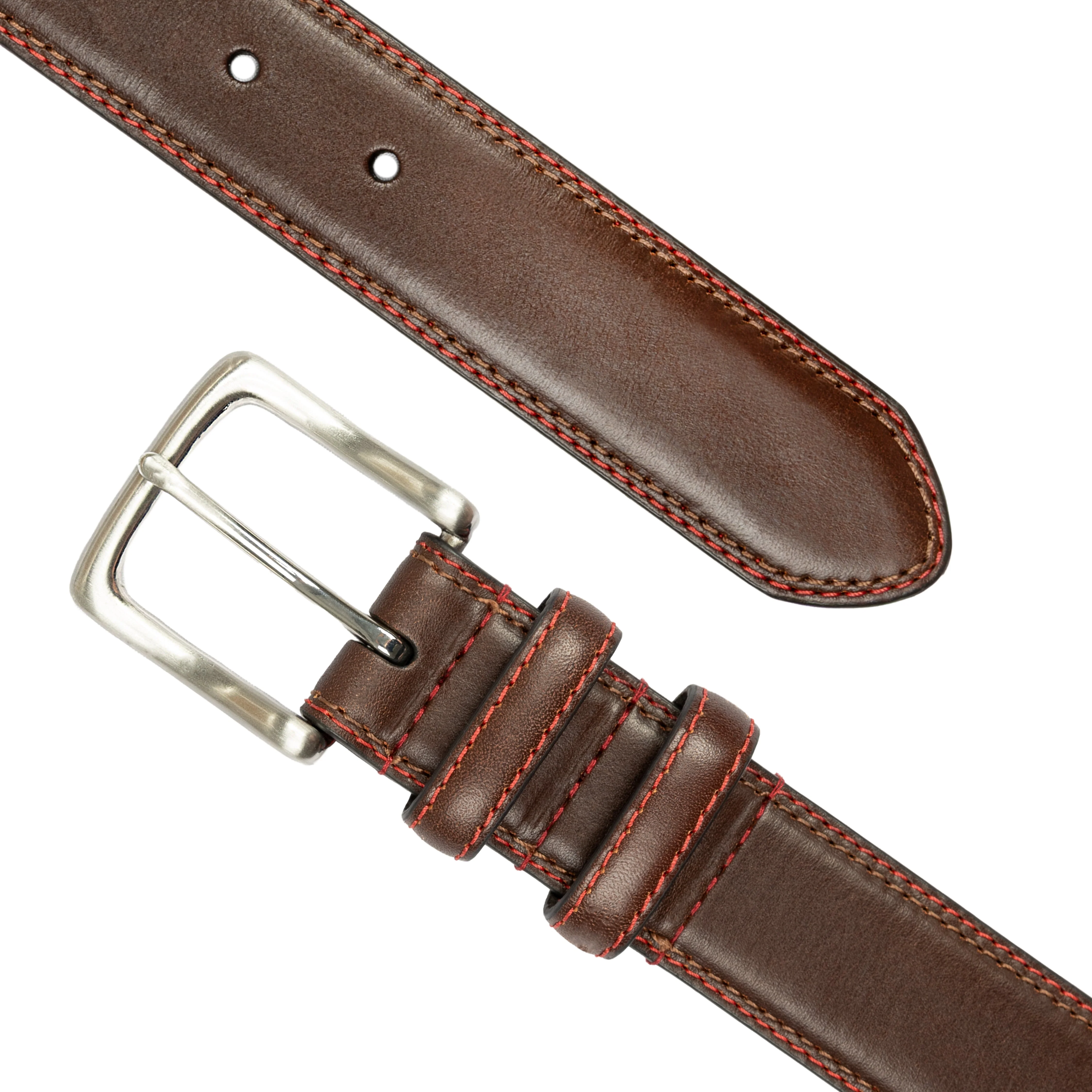 Men's Lined Leather Belt with Shiny Nickel Buckle and Contrast Details - Image 5