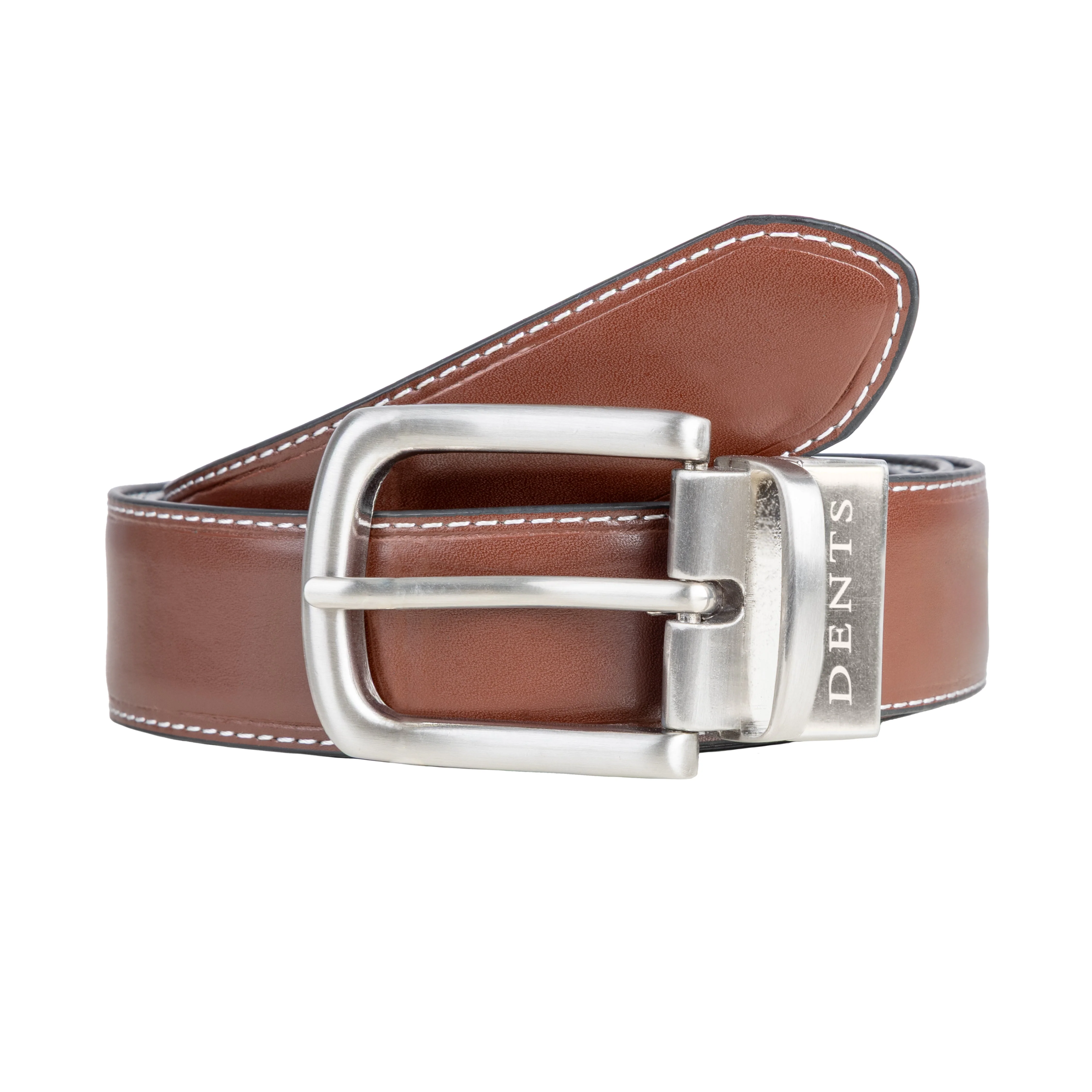 Men's Reversible Leather Belt with Brushed Silver Buckle and Contrast Stitching - Image 3