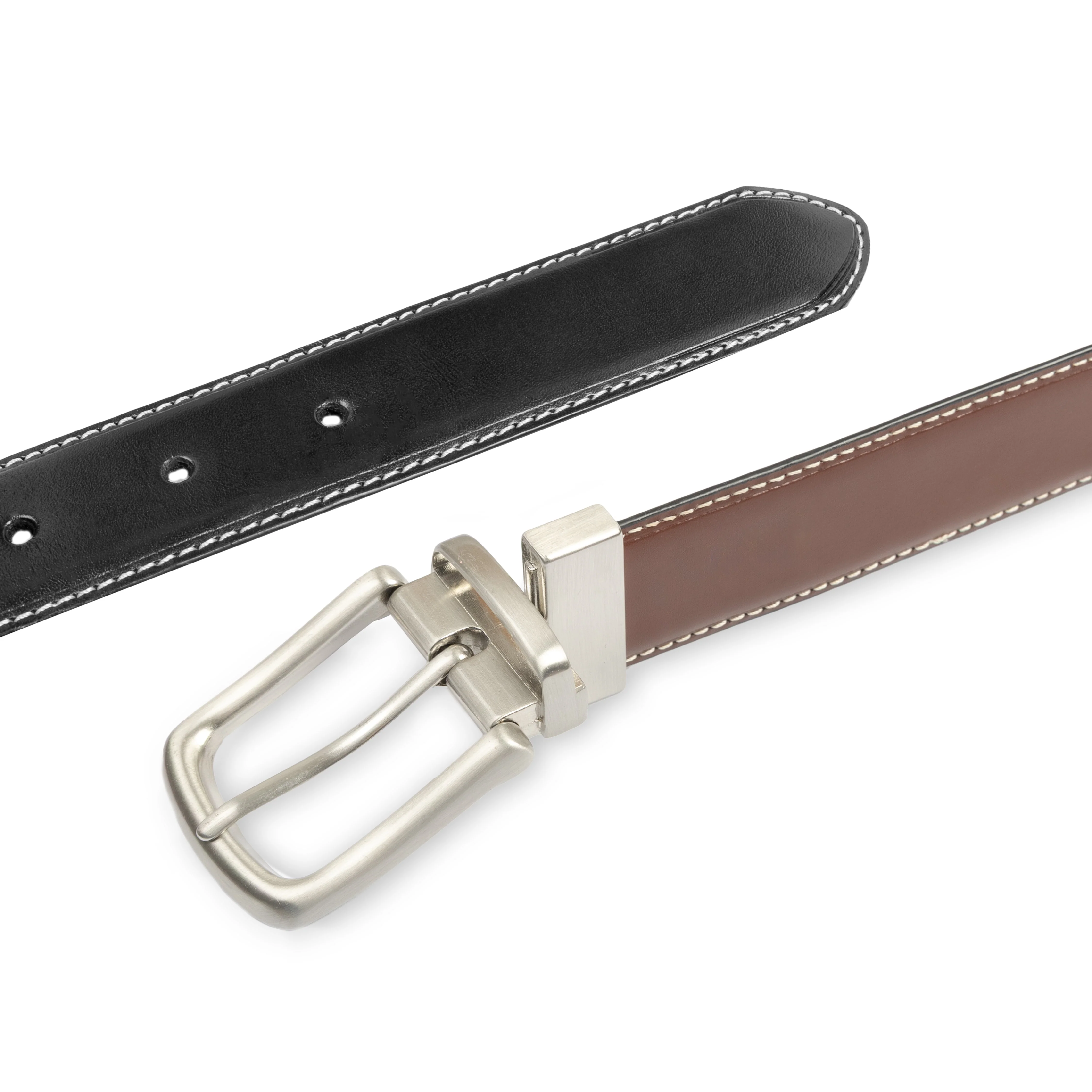 Men's Reversible Leather Belt with Brushed Silver Buckle and Contrast Stitching - Image 4