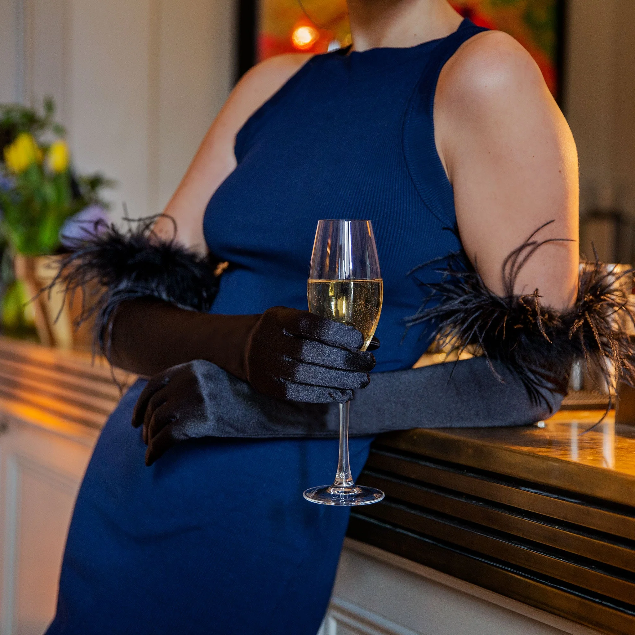 Women's Long Opera Satin Gloves with Feather Cuffs - Image 3