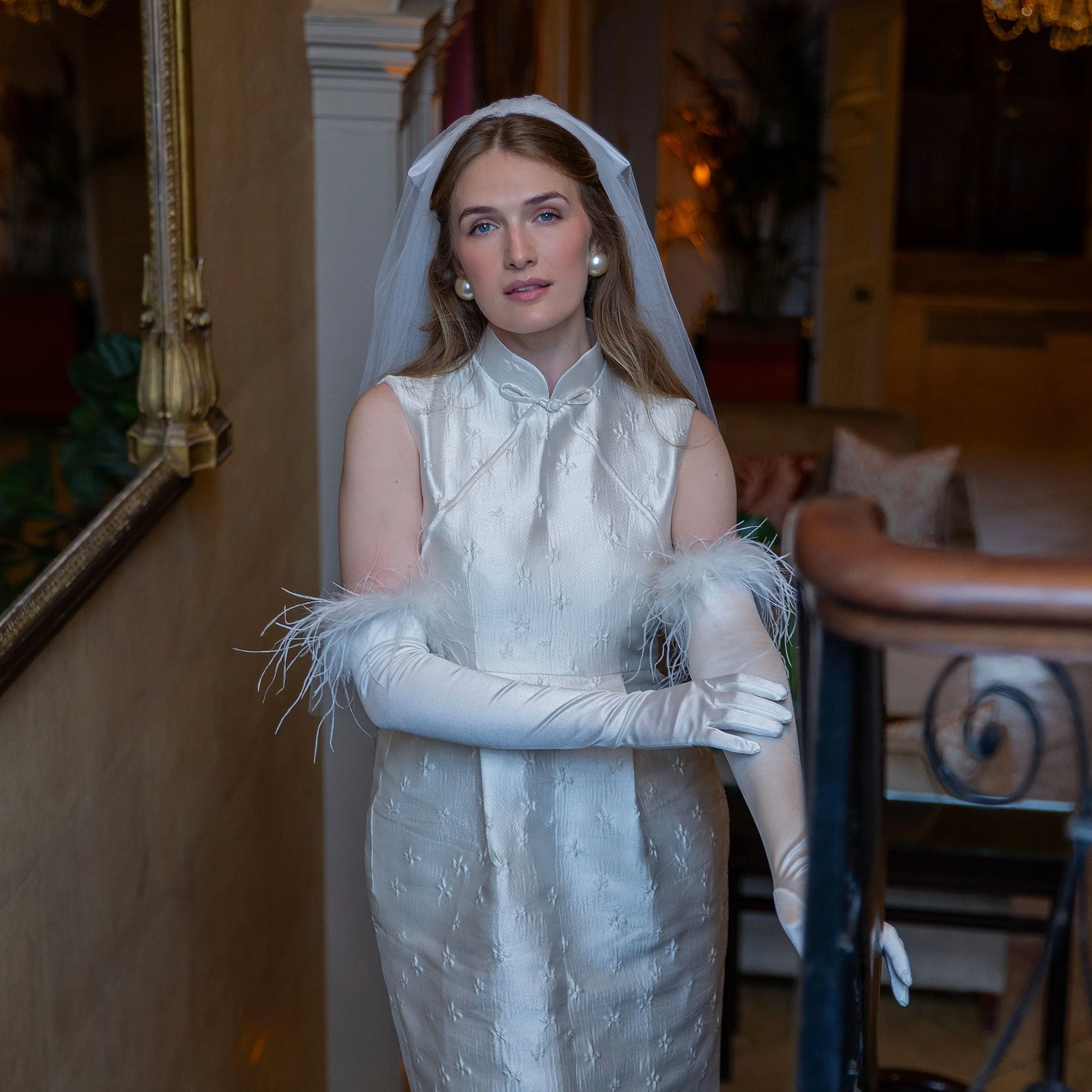 Women's Long Opera Satin Gloves with Feather Cuffs - Image 5