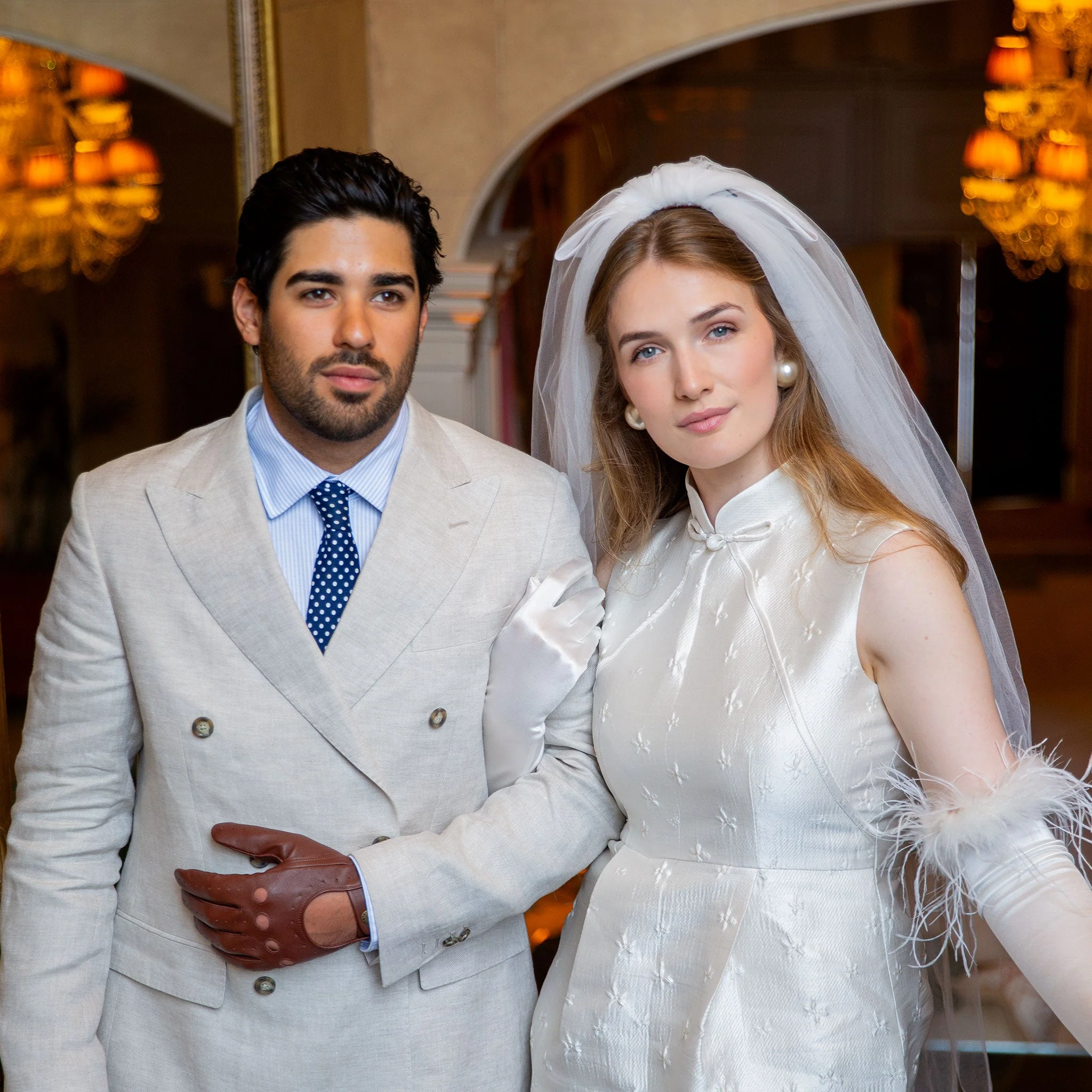 Women's Long Opera Satin Gloves with Feather Cuffs - Image 6